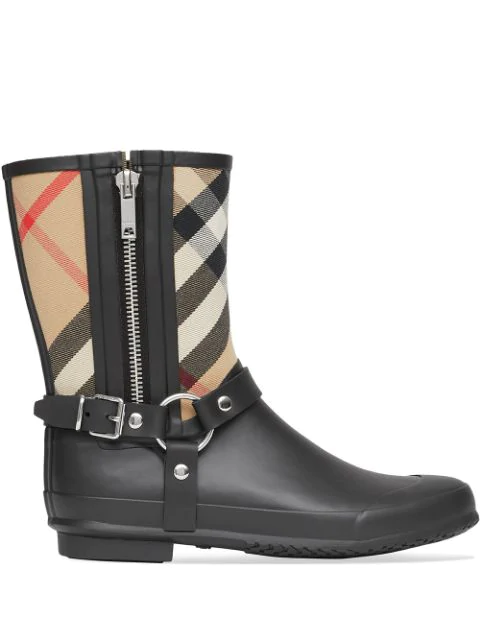 buckle and strap detail check rain boots