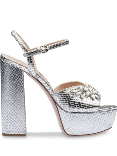 Miu Miu Python-print Leather Sandals In Silver
