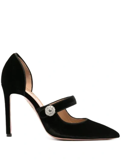 Shop Aquazzura Crystal Button Strap Pumps In Black