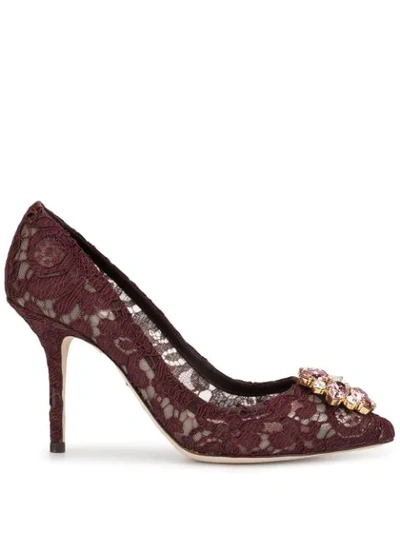 Shop Dolce & Gabbana Crystal-embellished 90mm Lace Pumps In Red