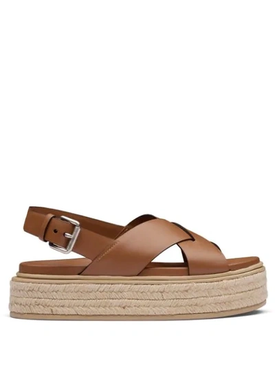 Shop Prada Leather Platform Sandals In Brown