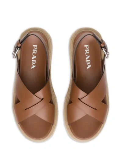 Shop Prada Leather Platform Sandals In Brown