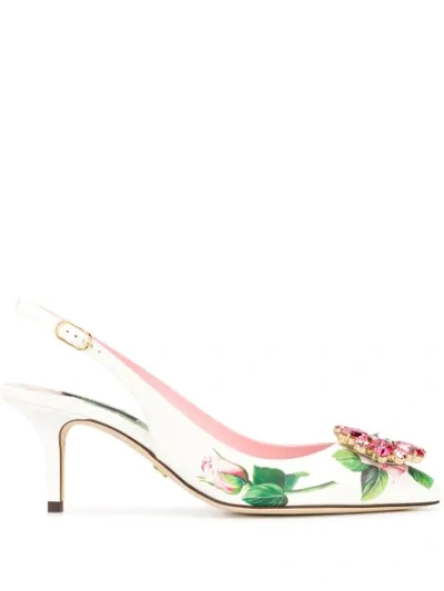 Shop Dolce & Gabbana Tropical Rose Print Slingback Pumps In White