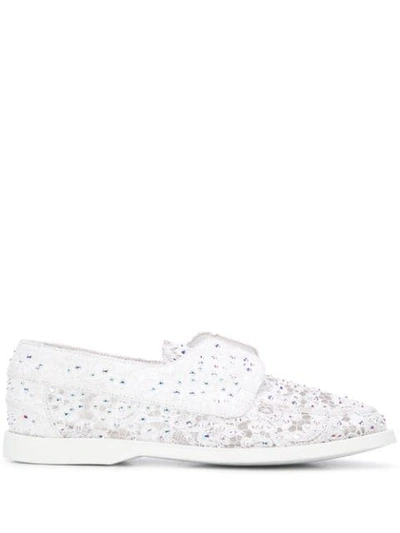 Shop Le Silla Carta Rhinestone-embellished Lace Boat Shoes In White