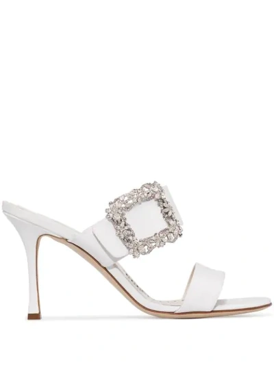 Manolo Blahnik Gable Jewel 90 Double Strap Sandals In White