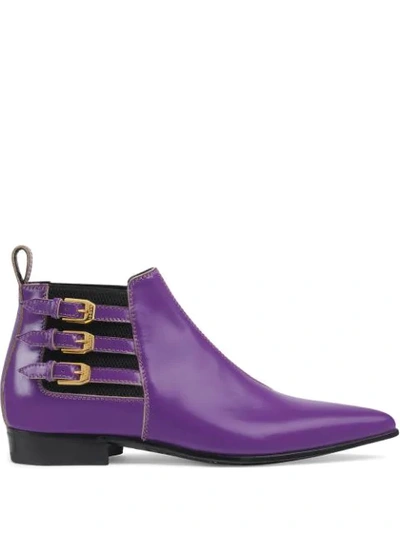 Shop Gucci Buckle Strap Ankle Boots In Purple
