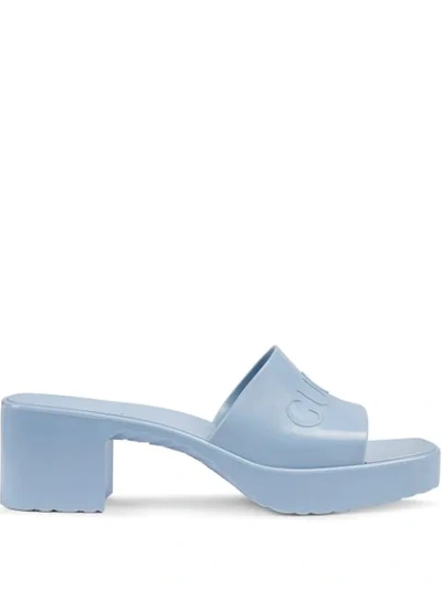 Shop Gucci Logo Low-heel Slide Sandals In Blue