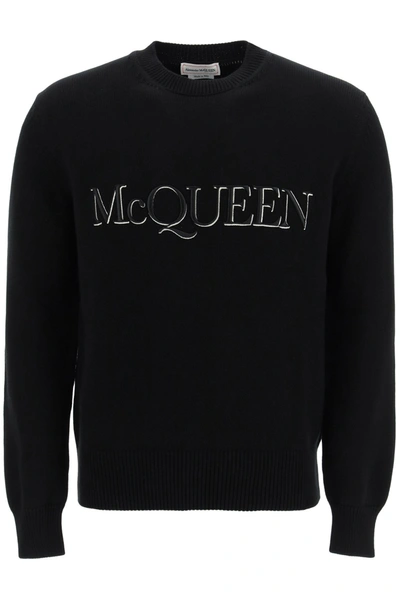 Shop Alexander Mcqueen Cotton Sweater With Logo Embroidery In Black Black White