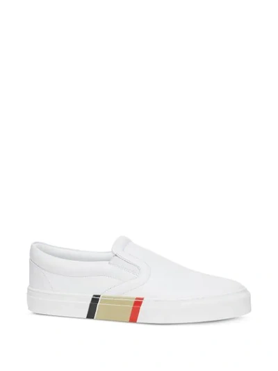 Shop Burberry Stripe Print Slip-on Sneakers In White