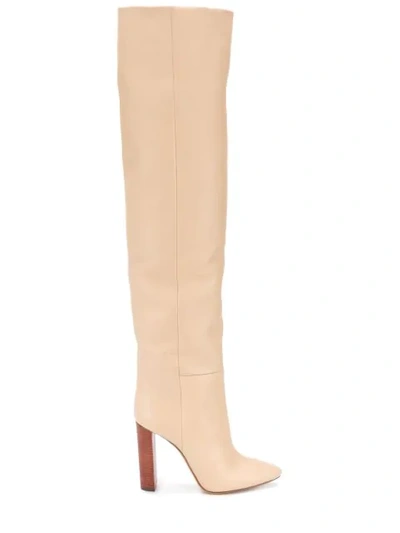 Shop Saint Laurent Thigh-high Pointed Toe Boots In Neutrals