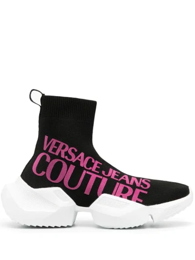 Shop Versace Jeans Couture Logo-print Sock Boots In Black