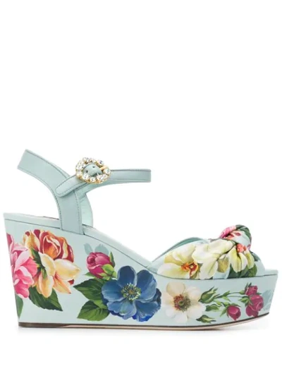 Shop Dolce & Gabbana Floral-print Wedge Sandals In Blue