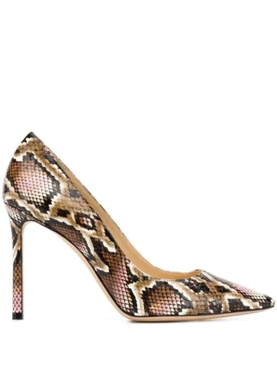 Shop Jimmy Choo Romy 100mm Snakeskin Print Pumps In Brown