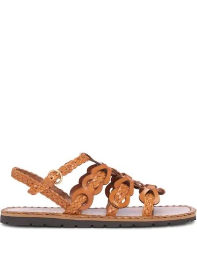 Shop Prada Woven Flat Sandals In Brown