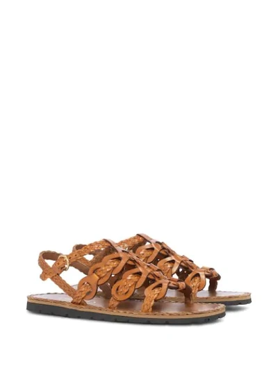 Shop Prada Woven Flat Sandals In Brown