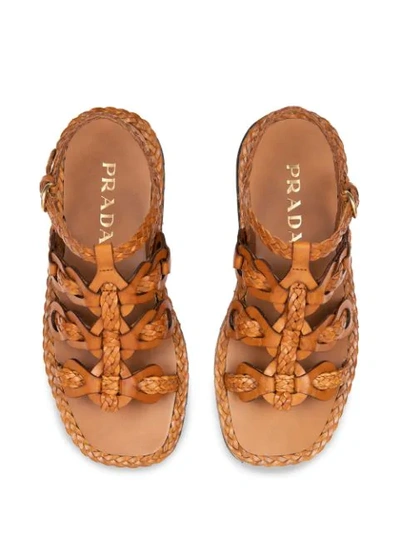 Shop Prada Woven Flat Sandals In Brown