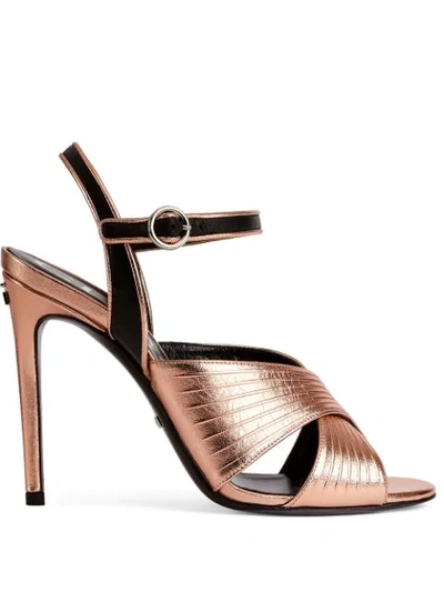 Shop Gucci Metallic-finish Cross-strap 104mm Sandals In Pink