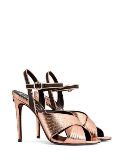 Shop Gucci Metallic-finish Cross-strap 104mm Sandals In Pink