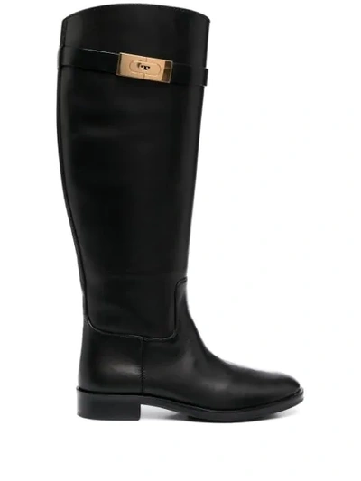 Shop Tory Burch Logo-plaque Leather Boots In Black