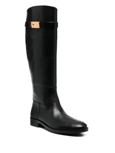 Shop Tory Burch Logo-plaque Leather Boots In Black