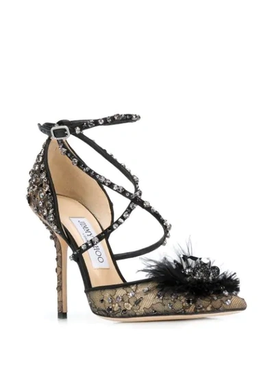 Jimmy Choo Odette 100 Black Lace Wraparound Heels With Feather And Crystal Embellishment
