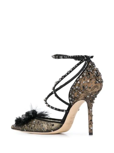 Jimmy Choo Odette 100 Black Lace Wraparound Heels With Feather And Crystal Embellishment