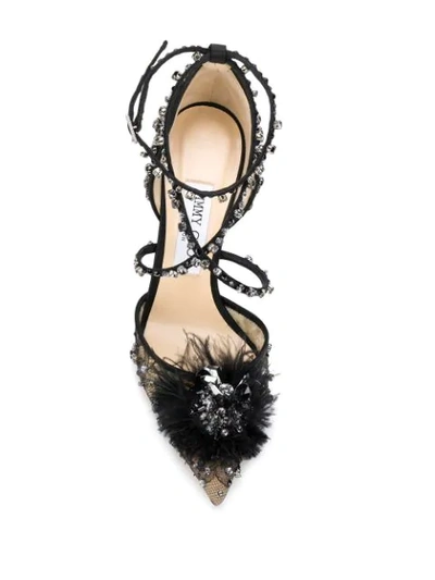 Jimmy Choo Odette 100 Black Lace Wraparound Heels With Feather And Crystal Embellishment