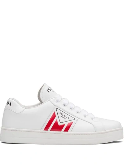 Shop Prada Printed Logo Calf Leather Sneakers In White