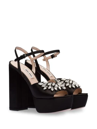 Shop Miu Miu Crystal Embellished Satin Platform Sandals In Black