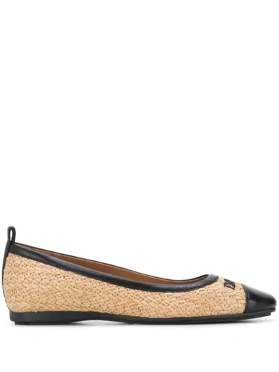 Shop Emporio Armani Logo-embroidered Raffia Ballerinas In P927 Natural+nero