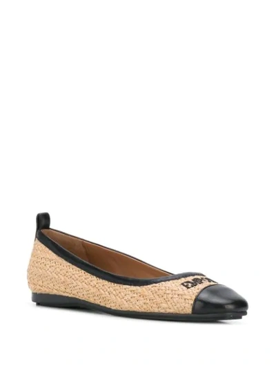 Shop Emporio Armani Logo-embroidered Raffia Ballerinas In P927 Natural+nero