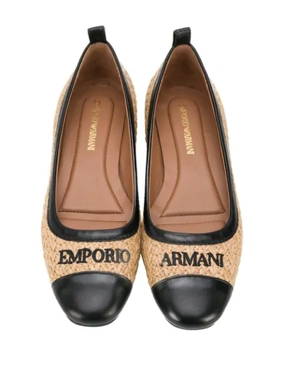 Shop Emporio Armani Logo-embroidered Raffia Ballerinas In P927 Natural+nero