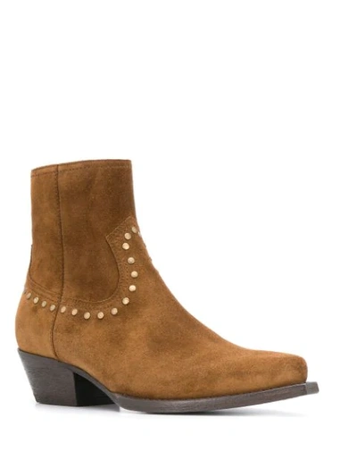 Shop Saint Laurent Lukas Studded Ankle Boots In Brown