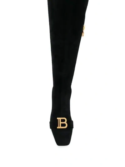Shop Balmain B Plaque Thigh-high Boots In Black