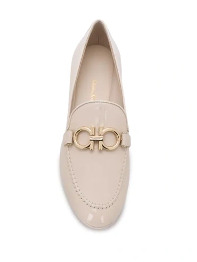 Ferragamo Trifoglio Patent Gancini Horsebit Loafers In Neutrals