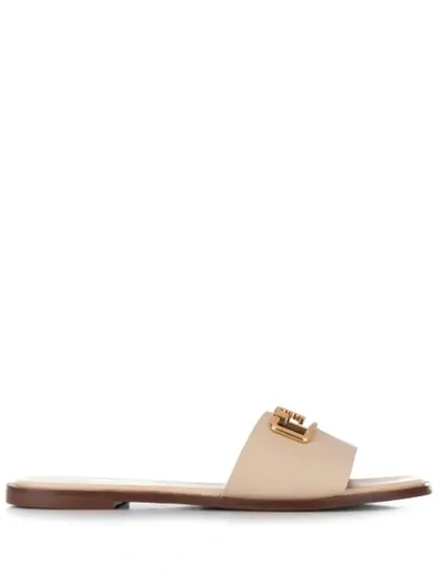 Shop Tory Burch Logo-plaque Slides In Neutrals