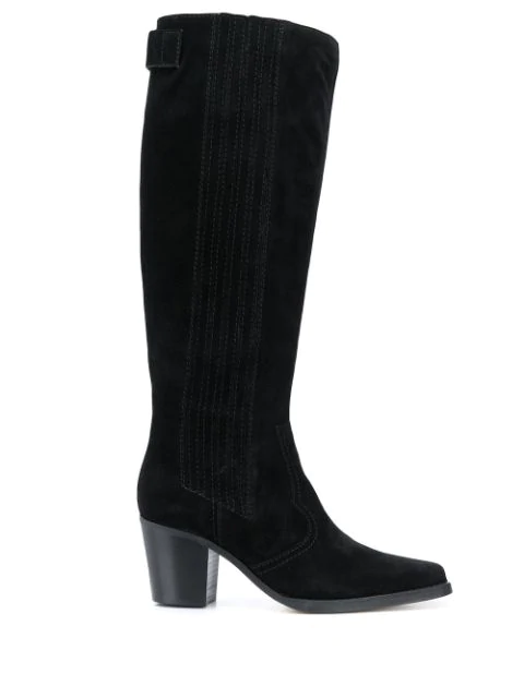 black suede pull on knee high boots