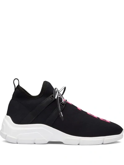 Shop Prada Logo Knitted Sneakers In Black