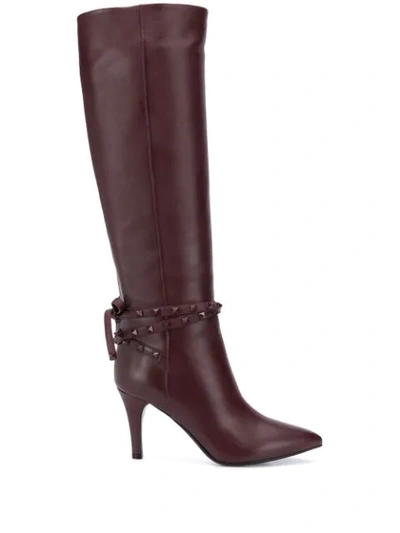 Shop Valentino Rockstud Strap Knee-high Boots In Red