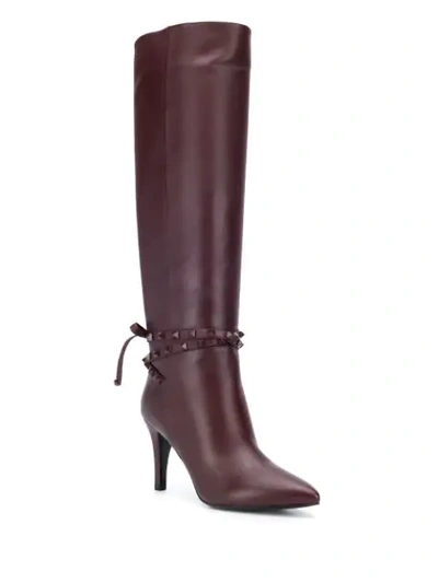 Shop Valentino Rockstud Strap Knee-high Boots In Red