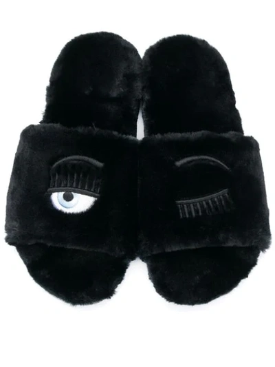 Shop Chiara Ferragni Faux Fur Sliders In Black