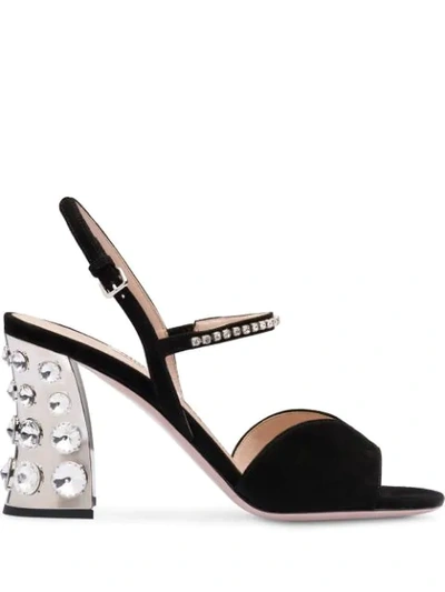 Shop Miu Miu Suede Embellished Sandals In Black