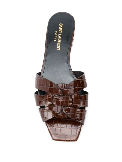 Shop Saint Laurent Tribute Crocodile-embossed Slide Sandals In Brown