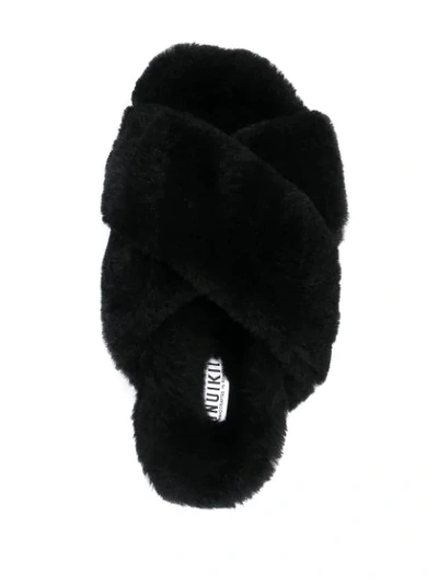 Inuikii Crossover-strap Shearling Slides In Black