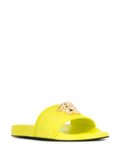 Shop Versace Medusa Plaque Slides In Yellow