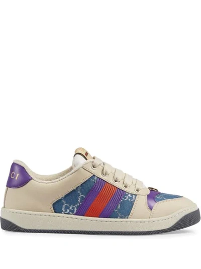 Shop Gucci Screener Leather Sneakers In White ,purple