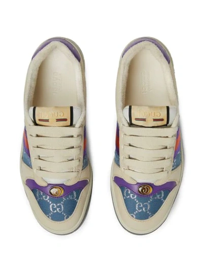 Shop Gucci Screener Leather Sneakers In White ,purple