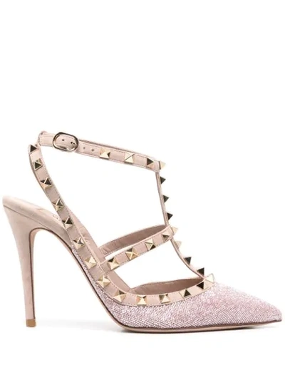 Shop Valentino Rockstud 100mm Glitter Ankle-strap Pumps In Pink