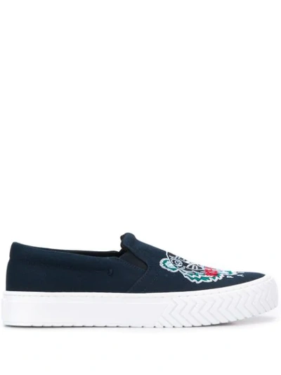 Shop Kenzo Tiger-embroidered Slip-on Trainers In Blue