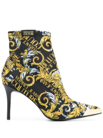 Shop Versace Jeans Couture Logo Baroque-print Ankle Boots In Black